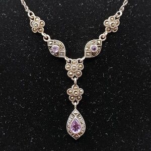Vintage Marcasite and Amethyst Sterling Silver Y-Drop Necklace